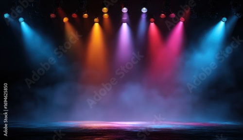 Colorful stage lights illuminating a smoky stage