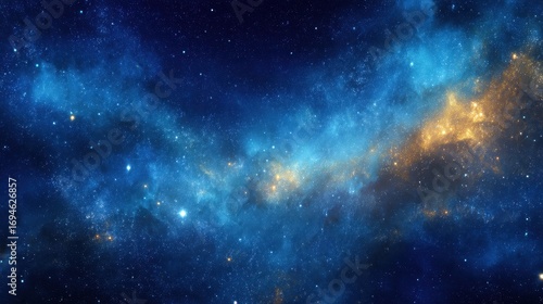 Deep space background with a vibrant blue and gold nebula and countless shining stars in the cosmos