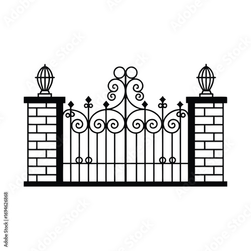 Black wrought iron gate with brick pillars and lanterns vector