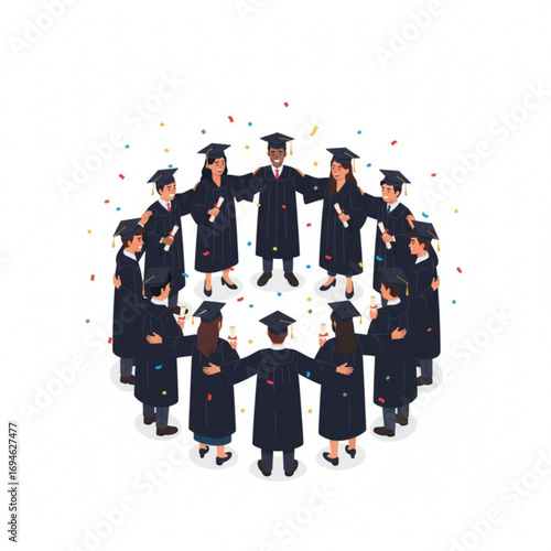 A group of graduates in caps and gowns are standing in a circle, holding each other’s shoulders and celebrating together with confetti around them.