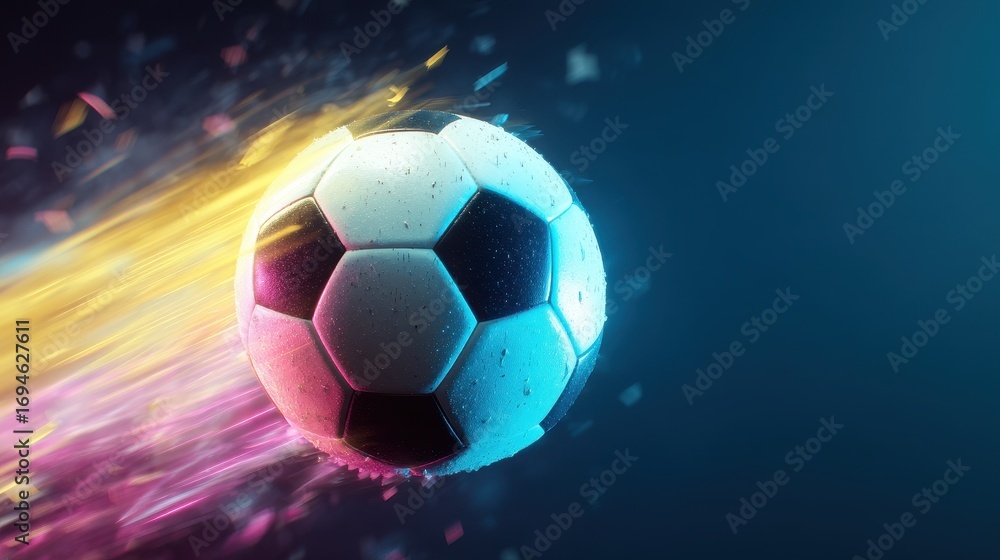 Naklejka premium A classic soccer ball soaring through the air with vibrant pink and yellow light streaks symbolizing speed, power, and the excitement of a major tournament