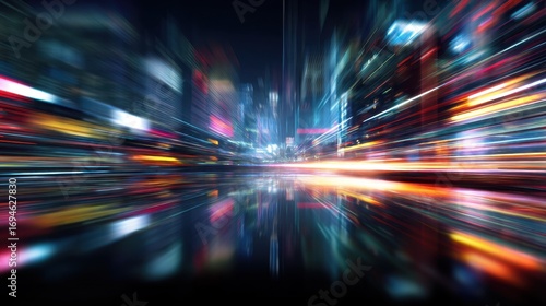 Abstract futuristic city at night with glowing motion blur light trails and a high-speed effect on a dark reflective background
