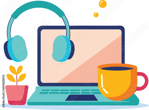 Flat illustration of a laptop with headphones and a tea cup on a desk computer technology