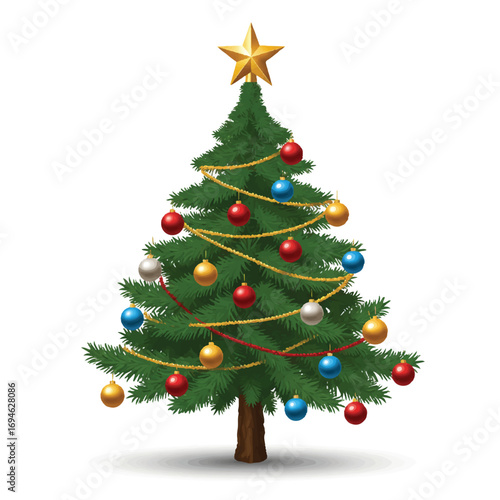 A realistic 2D vector illustration showcases a festive Christmas tree adorned with colorful ornaments and a shimmering star topper, set against a plain white background.