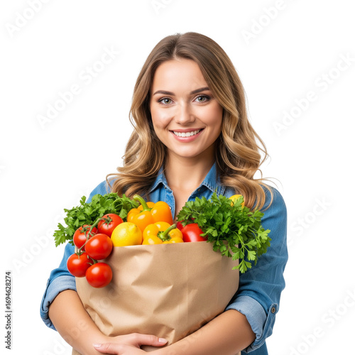 Smiling woman holding grocery bag filled with fresh vegetables on black background