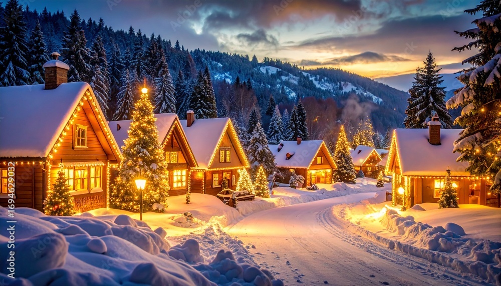 Fototapeta premium 金色のLEDライトが付いた村(ノスタルジックな冬の景色の写真)