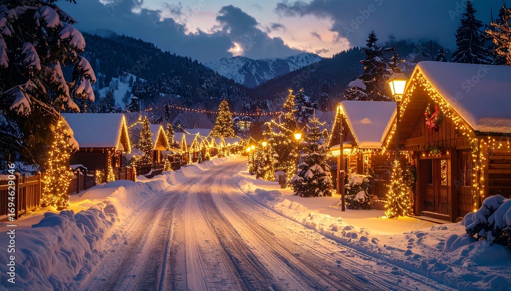 Fototapeta premium 金色のLEDライトが付いた村(ノスタルジックな冬の景色の写真)