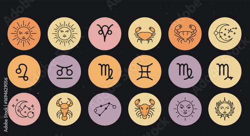 A collection of colorful zodiac sign icons in circles, featuring astrological symbols such as aries, cancer, leo, virgo, and other zodiac constellations