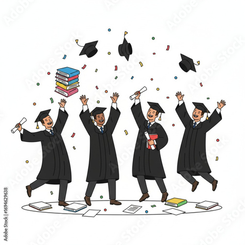 A group of graduates in caps and gowns are happily celebrating, throwing their hats and books into the air while holding diplomas.