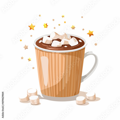 Paper cup with hot chocolate and fluffy marshmallows, festive and holiday mood. Tasty drink.
