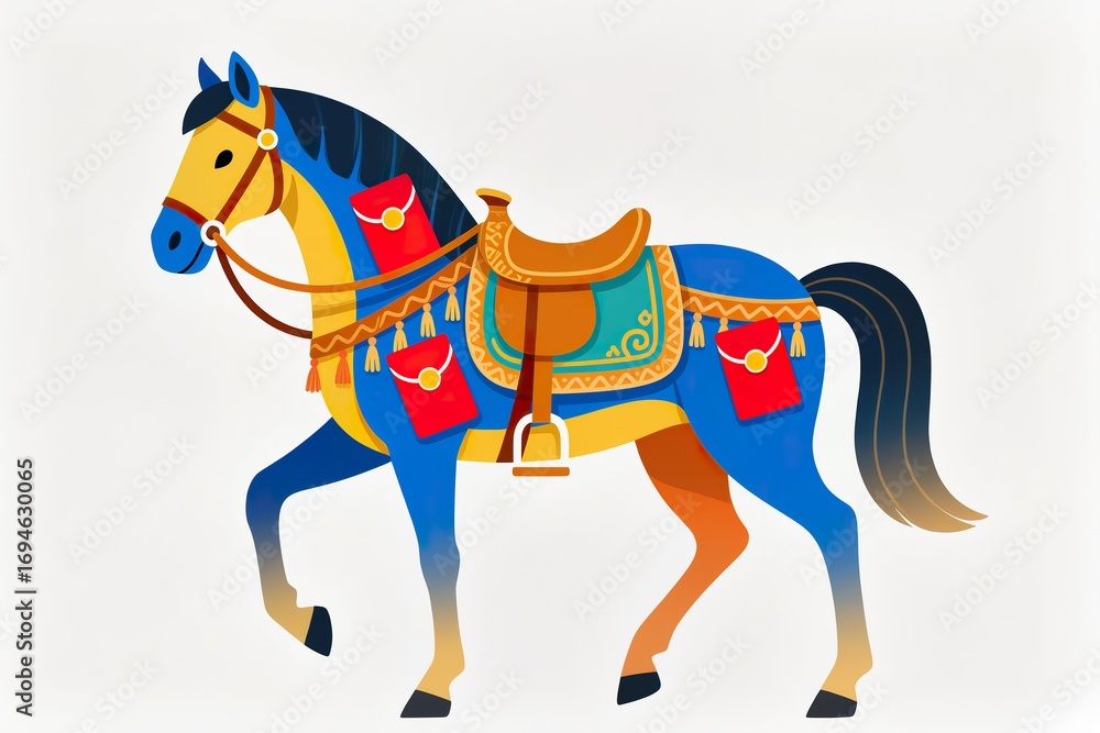 Obraz premium A surreal, simple 3d artwork of Vibrant flat design horse with decorative saddle and red envelopes, holiday concept, white background