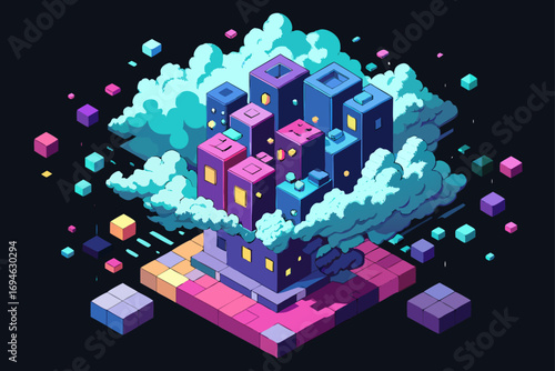 Colorful moving cubes form a geometric social network pattern, illustrating a digital connection concept