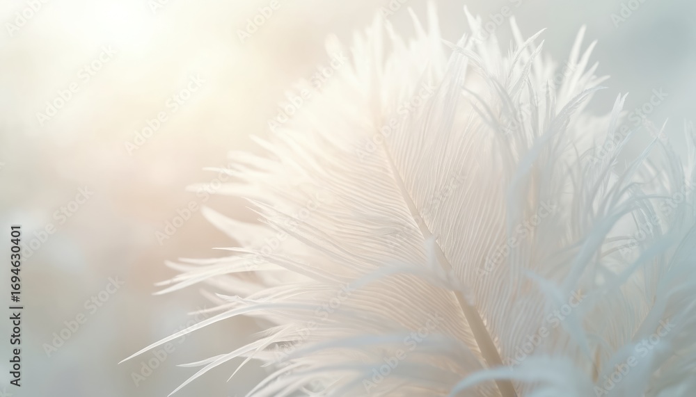 Fototapeta premium Soft white feather texture with subtle gradient, airy feel. Delicate, fine filaments create peaceful, serene atmosphere. Light pastel tones offer tranquil backdrop. Ideal for backgrounds, design
