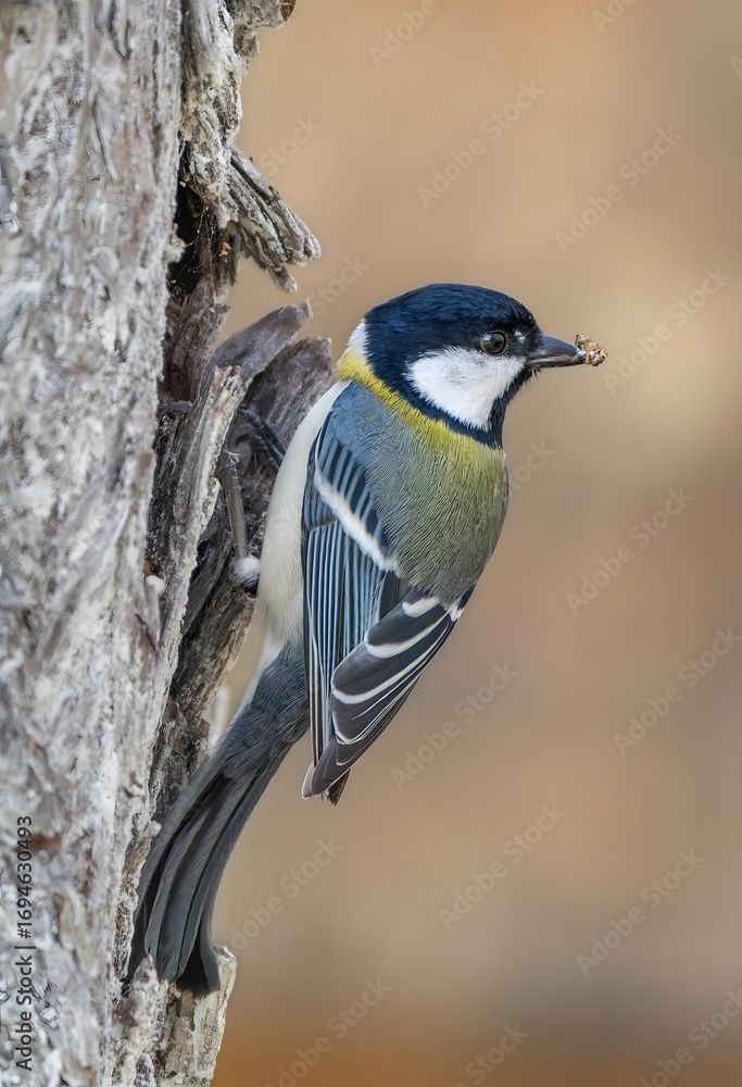 Naklejka premium Great Tit Bird Perched on Tree Trunk in Natural Wildlife Habitat