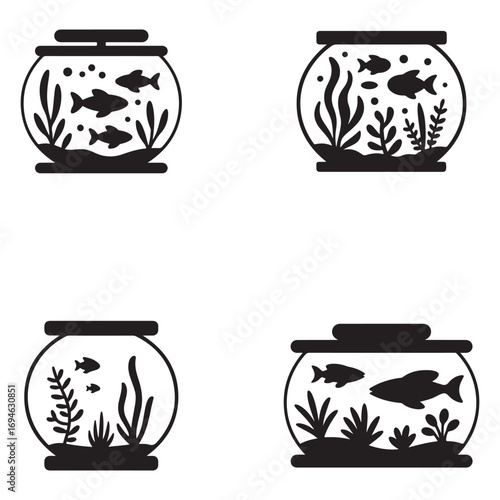 Four simple black and white fishbowl icons.
