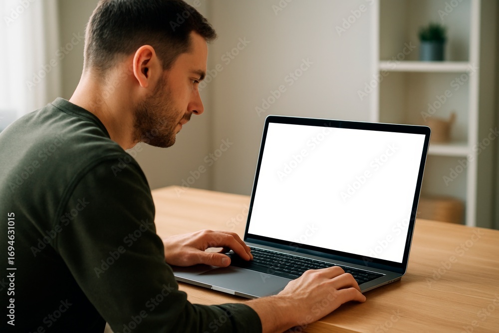 Man using laptop with blank white screen at desk in home interior, perfect for mockup or branding presentation display concept. Ai generative Man using laptop with blank white screen at desk in home interior, perfect for mockup or branding presentation display concept. Ai generative