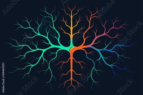 Abstract dark fractal tree with fiery lightning flash and electric lines illustration on a night sky background