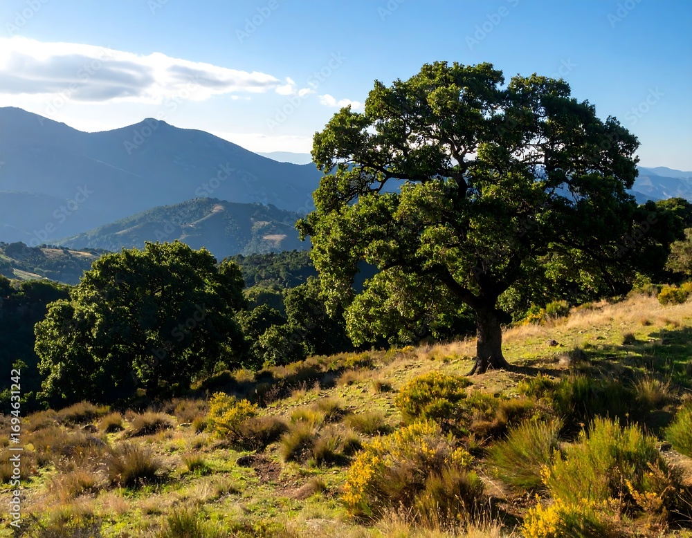 Obraz premium Mountaintop landscape with a large oak tree