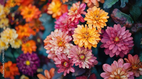 A vibrant display of colorful autumn dahlias in a garden setting.