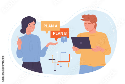 Businessman and businesswoman choose between plan A and B vector illustration. Cartoon man and woman discuss business project and strategy, selecting alternative decision and creative scenario