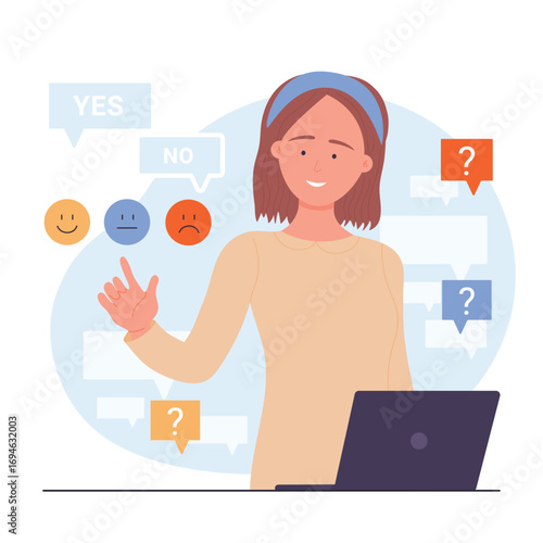 Woman chooses yes or no answer to question by click, feedback choice vector illustration. Cartoon female character thinking about right or wrong decision, process of choosing between different emoji