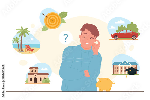 Investment choice vector illustration. Cartoon lucky rich man with piggy bank thinking about choosing to invest in buying family home or car, beach vacation or education, dream of goal achievement