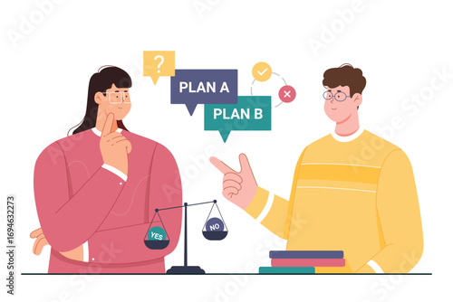 Process of choice between Plan A and Plan B, yes or no answer to question vector illustration. Cartoon people thinking and voting in survey, choosing correct solution with help of balance scales