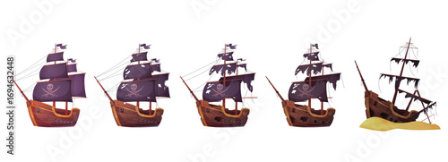 Pirate ship before and after sea battle set vector illustration. Cartoon isolated new galleon with skull and crossbones on sails and old corsair boat after shipwreck with broken deck and torn flag