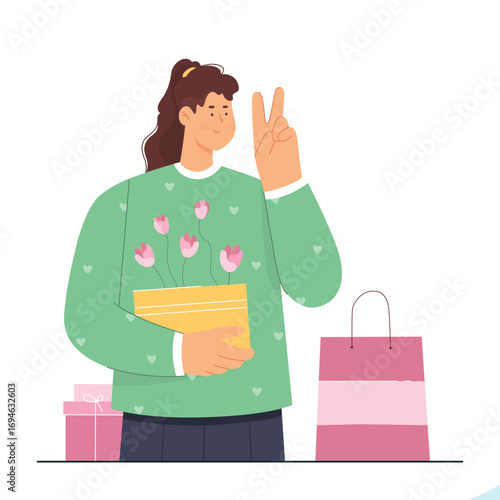 Spring sales in retail stores vector illustration. Cartoon cute happy woman shopping showing thumbs up gesture, customer character carry bag and stylish gift among pink flowers