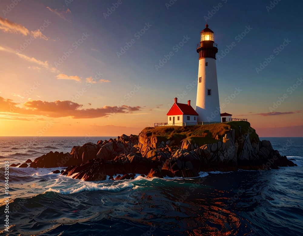 Naklejka premium Latarnia morska na skalistej wyspie o zachodzie słońca