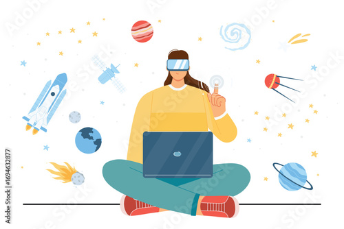 Space exploration in metaverse and immersive virtual reality experience vector illustration. Cartoon man in VR glasses sitting with laptop to work with futuristic hologram of starry sky and planets