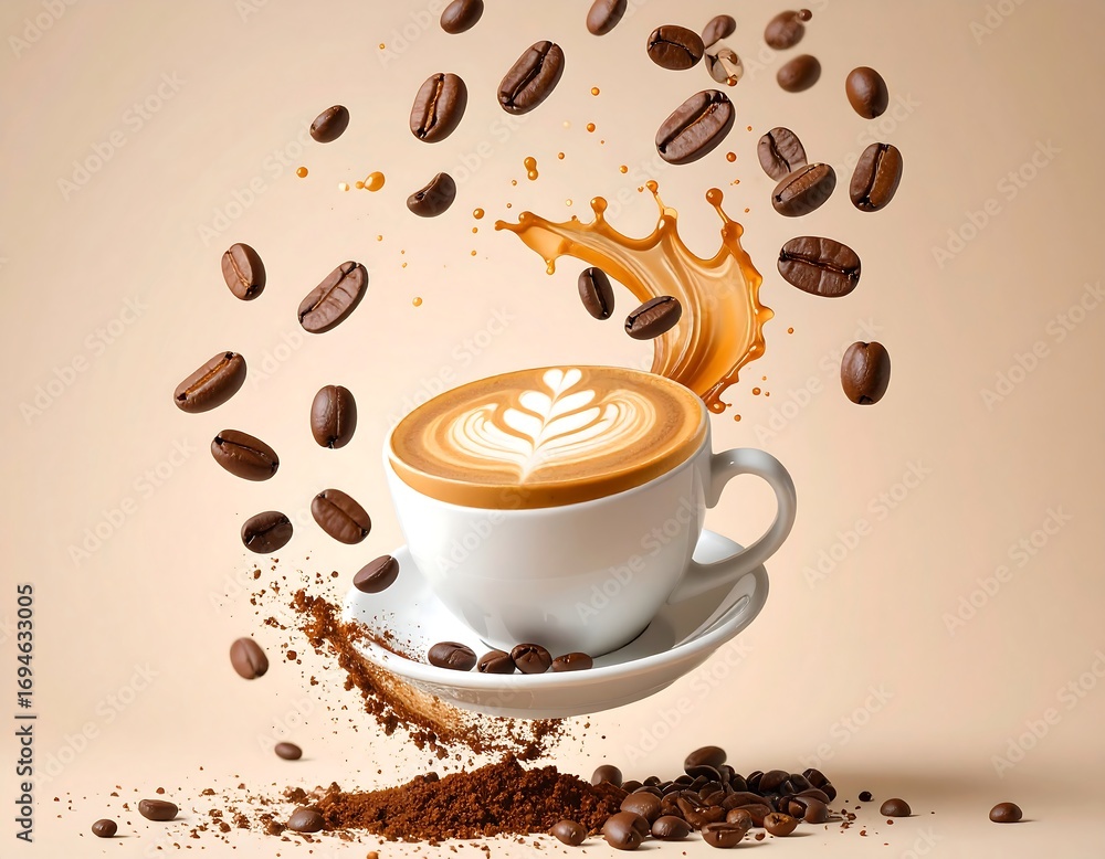 Obraz premium Dynamic coffee beans falling into perfect latte cup