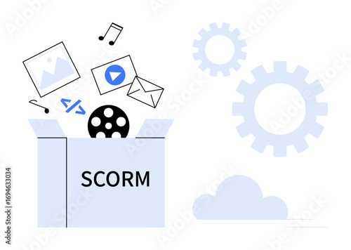 Opened box labeled SCORM releasing icons representing images, code, music, videos, and email alongside gears. Ideal for e-learning, technology, multimedia, development integration content