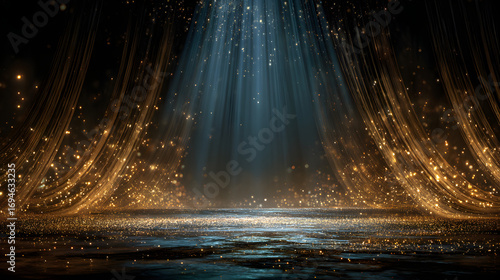 Stage opening golden stage glitter with spotlights ad luxury gold light streak Particle luxury for ceremny background
