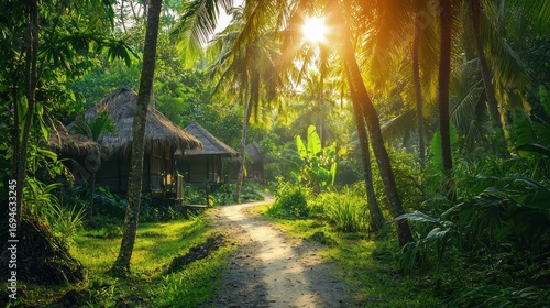 Fototapeta Naklejka Na Ścianę i Meble -  A path leading through a lush, green jungle with palm trees and a small hut in the distance.