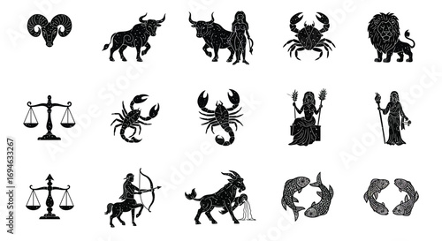 A collection of astrological zodiac signs in black and white, showcasing the twelve symbols associated with different periods of the year isolated on white background