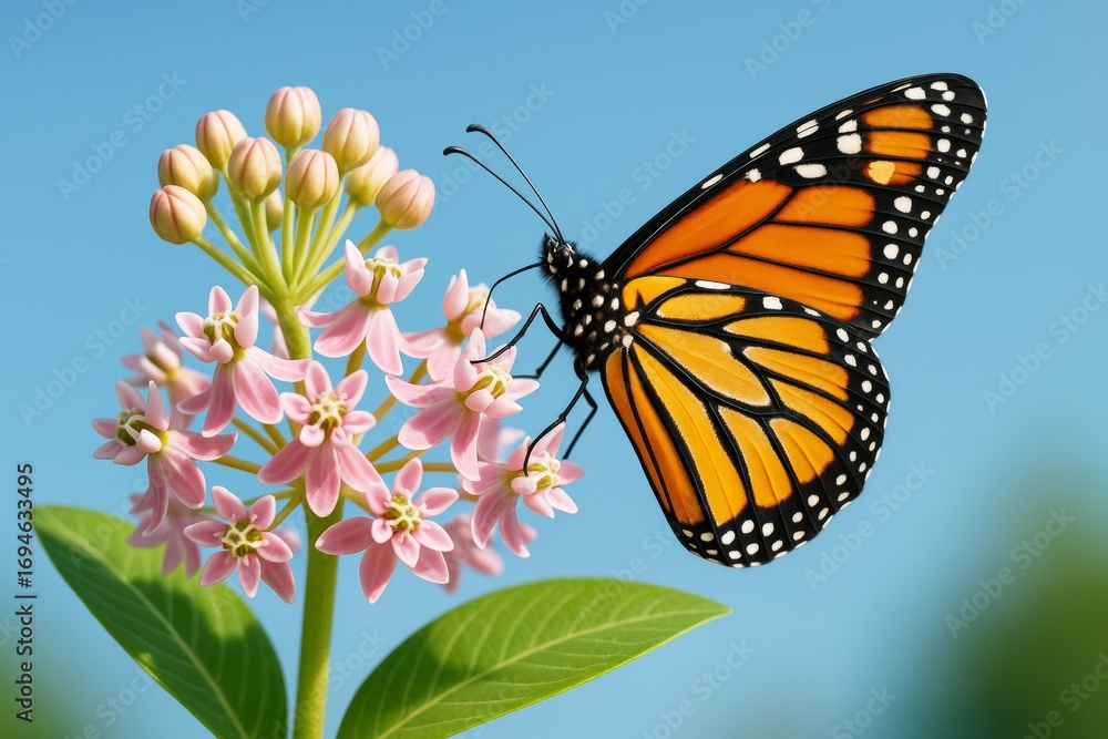 Obraz premium Monarch butterfly perched on blooming pink milkweed flowers with green leaves against a bright blue background in natural light focus. Ai generative