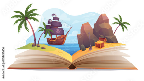 Cartoon fairytale world on paper pages for reading, corsair boat sailing to treasure island in sea landscape. Open book with fun story about adventure of pirate ship for children vector illustration