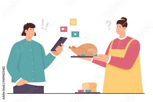 Generation gap, boomers vs generation z concept vector illustration. Cartoon young man holding smartphone with creative icons of mobile apps, elderly woman with food tray, family conflict of interest