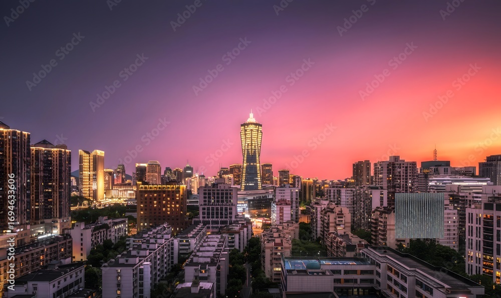 Fototapeta premium Hangzhou City Skyline at Sunset with Vibrant Purple Pink Sky and Modern Skyscrapers China Urban Landscape Architecture