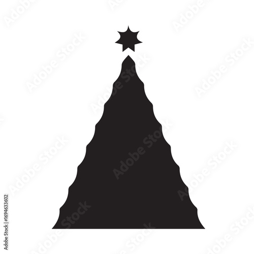 Minimalist black silhouette of a stylized Christmas tree with a star on top. Modern, simple holiday icon for festive design isolated on a white background
