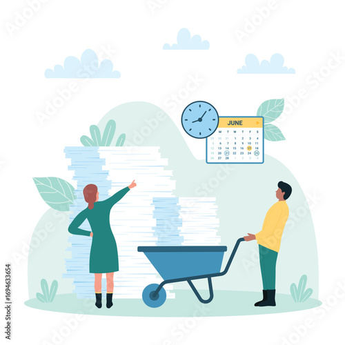 Bureaucracy and office paperwork management vector illustration. Cartoon tiny busy people holding wheelbarrow full of paper documents pile to work with data and unorganized business information