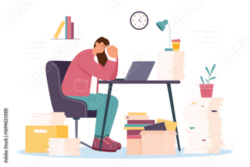 Office bureaucracy and employee overload vector illustration. Cartoon frustrated tired woman working overtime, sitting at desk with laptop and lamp, big piles of paper documents and lot of folders