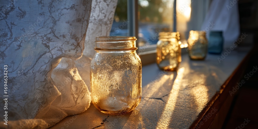Obraz premium Minimalistic home interior scene with sterilized glass jars on windowsill, sunset light, lace curtain, and colorful jars evoking cozy domestic atmosphere