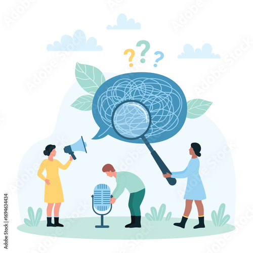Bad communication vector illustration. Cartoon tiny people team holding microphone, megaphone and magnifying glass to research and understand miscommunication chaos of confusion in chat speech bubble