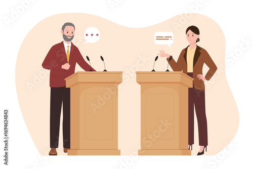 Political debates between two politicians and leaders at podiums vector illustration. Cartoon man and woman stand at tribunes on public meeting, candidates talk arguments in polemic conversation