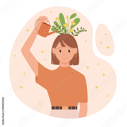 Positive mindset growth, care for self wellbeing and mental health, optimism concept vector illustration. Cartoon happy optimistic girl holding watering can to water flowers growing inside head brain,