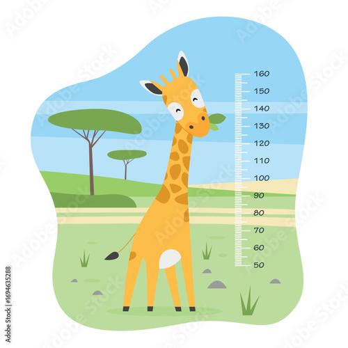 Kids height chart with cute giraffe vector illustration. Cartoon African animal with long neck and ruler to measure height of preschool child, stadiometer with millimeter scale for kindergartens wall