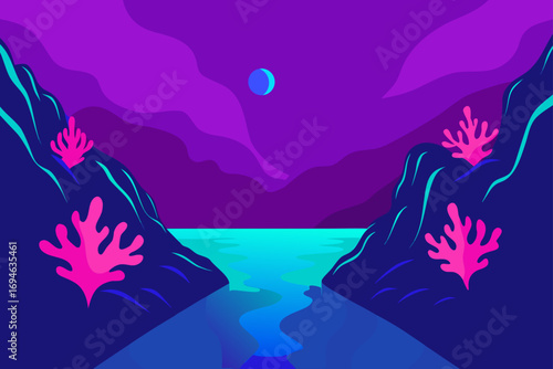 Vector illustration of a tropical landscape with a lake in the mountains and a palm tree on the beach