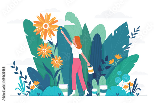 Optimistic positive mindset and good mood, psychology concept vector illustration. Cartoon happy girl holding paintbrush to paint beautiful flowers, color world, enjoy and change life with optimism